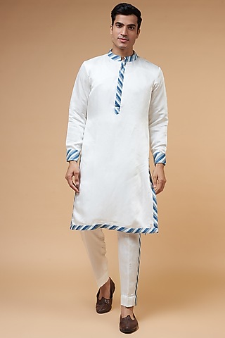 White Linen Satin Kurta Set by HANEET SINGH