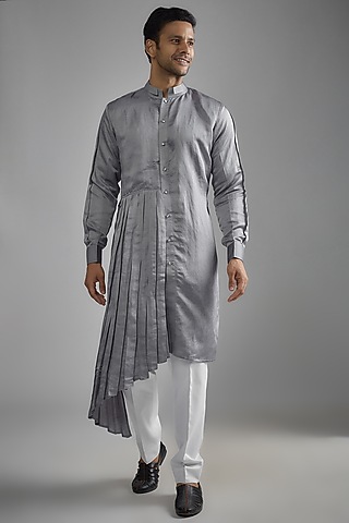 Grey Linen Satin Draped Kurta Set by HANEET SINGH