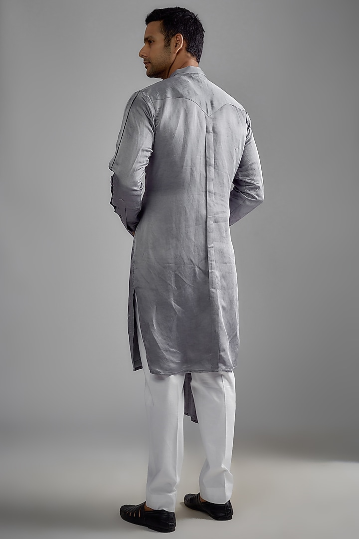 Grey Linen Satin Draped Kurta Set by HANEET SINGH at Pernia's Pop Up Shop