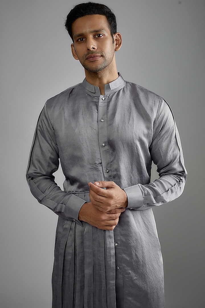 Grey Linen Satin Draped Kurta Set by HANEET SINGH at Pernia's Pop Up Shop