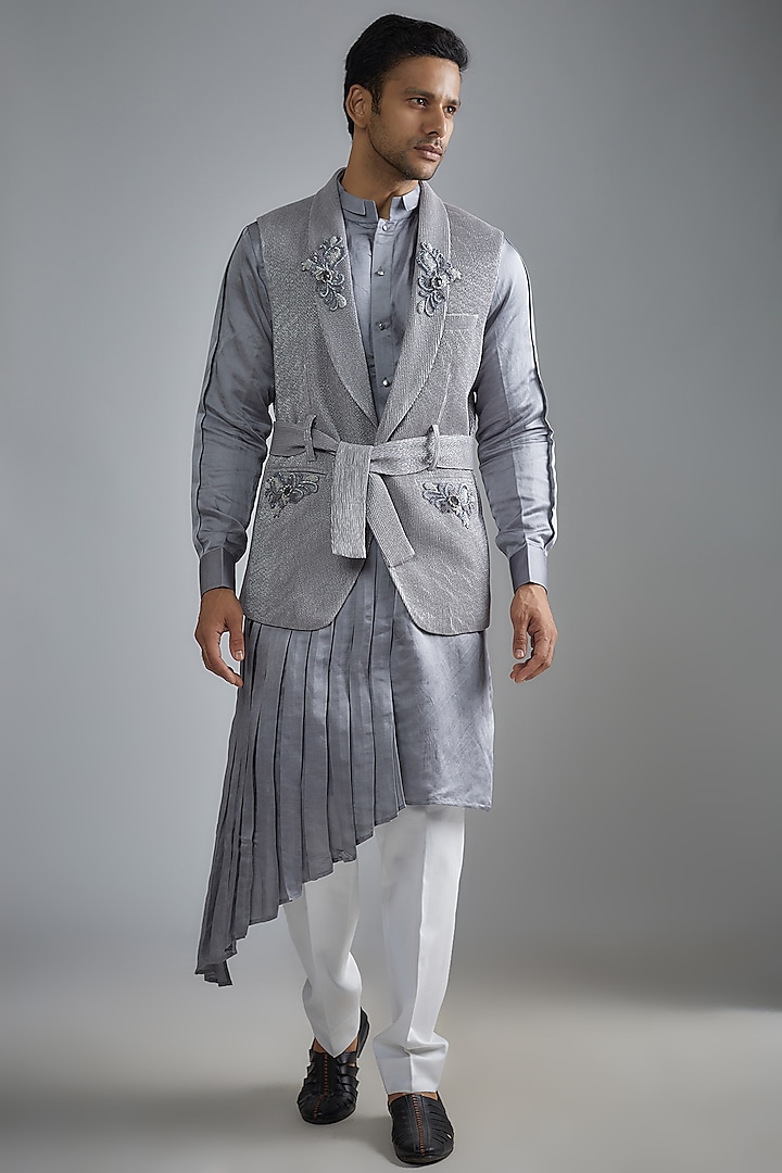 Grey Crushed Hand Embroidered Indowestern Set by HANEET SINGH