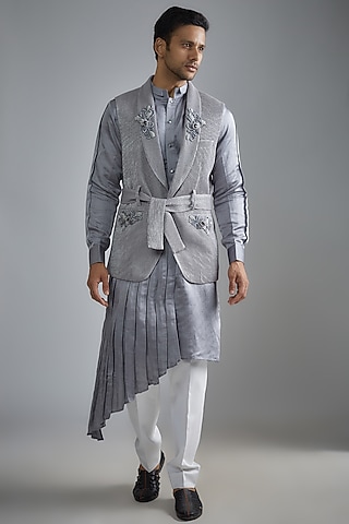 Grey Crushed Hand Embroidered Indowestern Set by HANEET SINGH