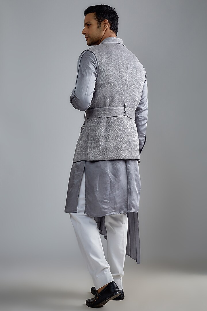 Grey Crushed Hand Embroidered Wedding Indowestern Set by HANEET SINGH at Pernia's Pop Up Shop