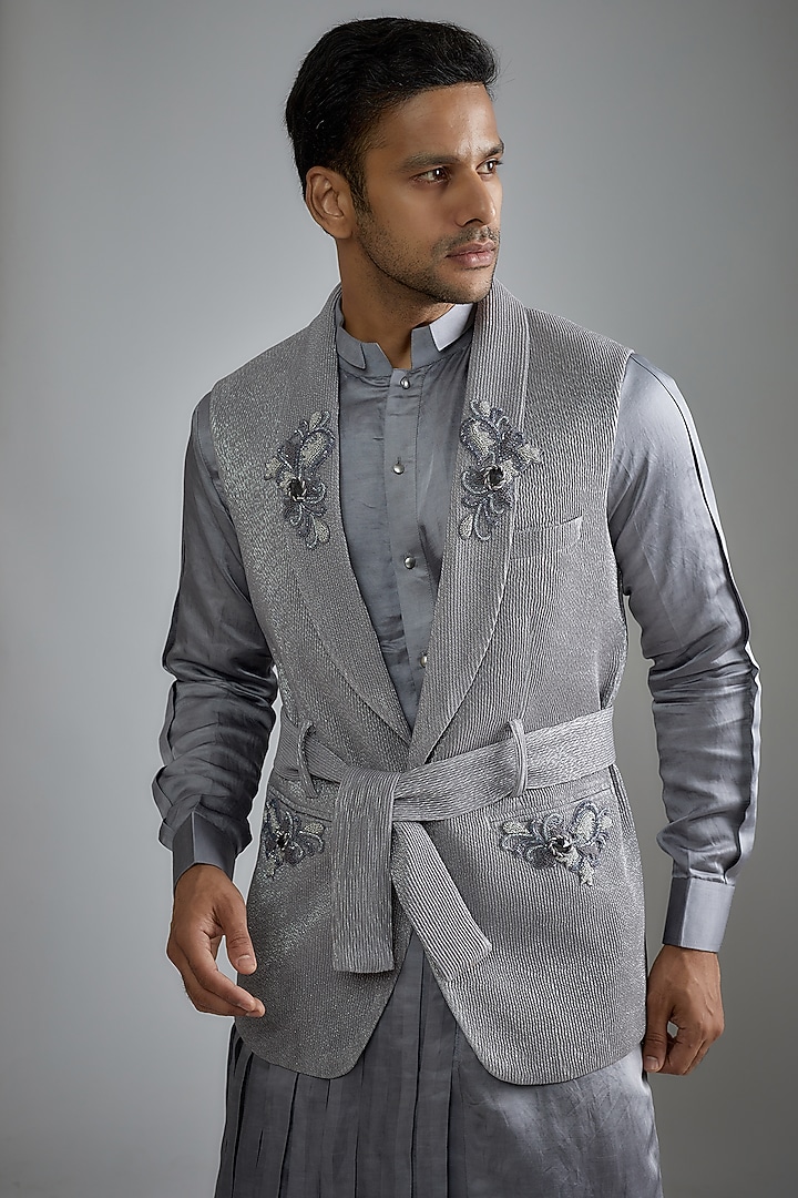 Grey Crushed Hand Embroidered Wedding Indowestern Set by HANEET SINGH at Pernia's Pop Up Shop