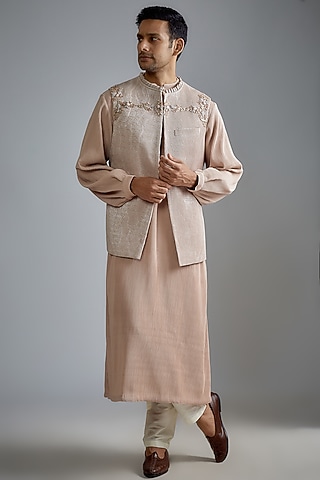 Beige Crushed Shimmer Crepe Hand Embroidered Indowestern Set by HANEET SINGH