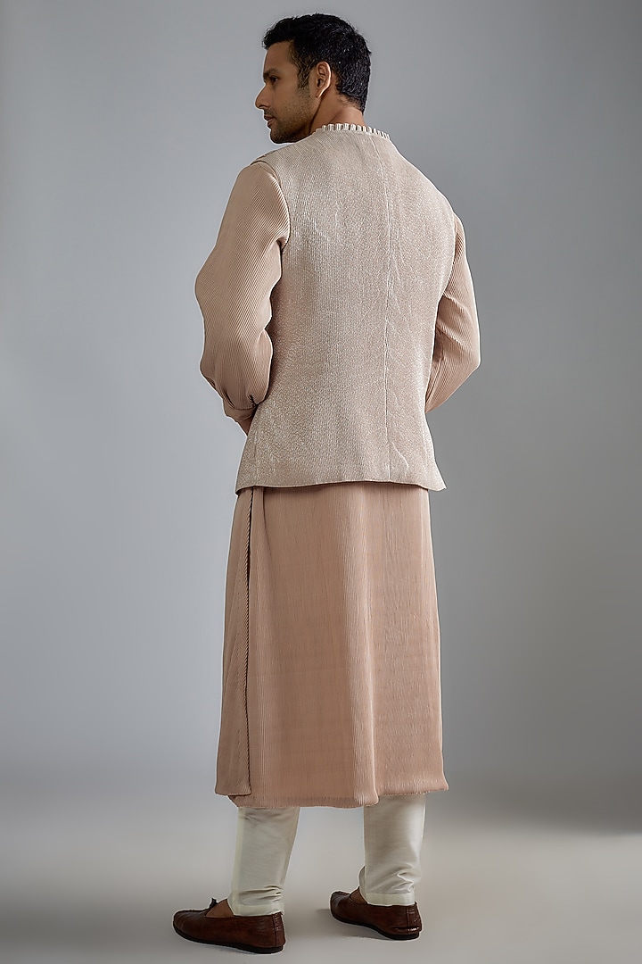 Beige Crushed Shimmer Crepe Hand Embroidered Wedding Indowestern Set by HANEET SINGH at Pernia's Pop Up Shop