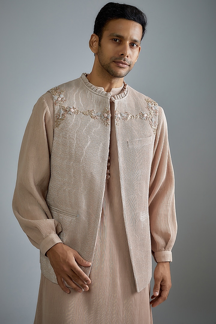 Beige Crushed Shimmer Crepe Hand Embroidered Wedding Indowestern Set by HANEET SINGH at Pernia's Pop Up Shop