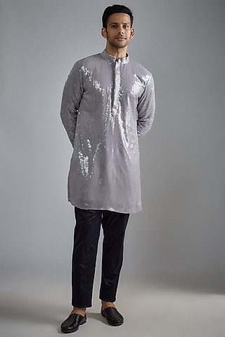 Grey Georgette Sequins Kurta Set by HANEET SINGH
