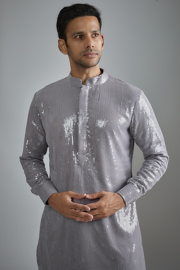 Grey Georgette Sequins Kurta Set by HANEET SINGH at Pernia's Pop Up Shop