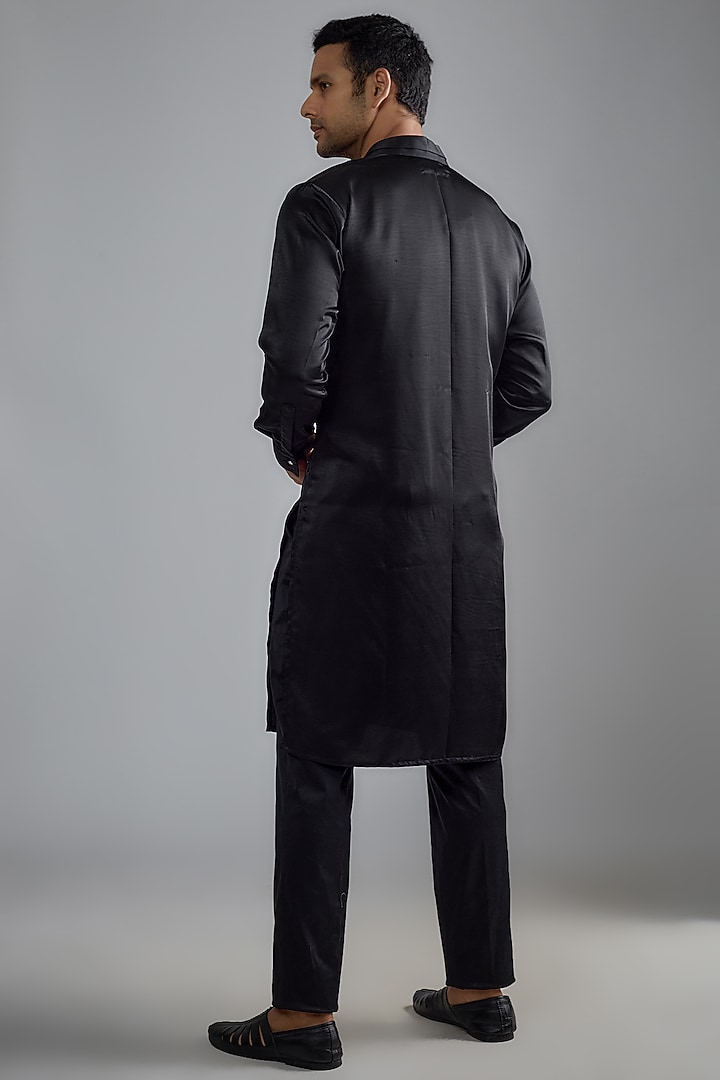 Black Milano Satin Pintuck Kurta Set by HANEET SINGH at Pernia's Pop Up Shop