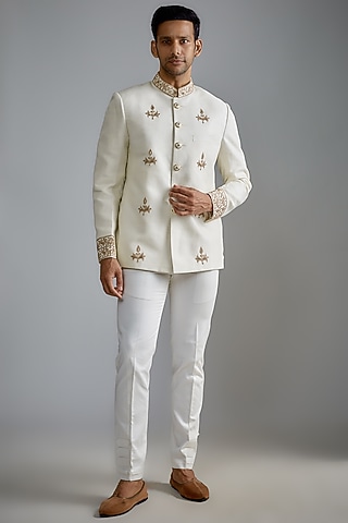 Ivory Matka Silk Marodi Handwork Jodhpuri Set by HANEET SINGH