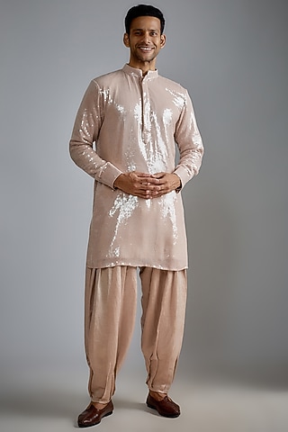 Beige Sequins Kurta Set by HANEET SINGH