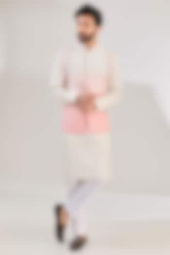 Peach Tussar Silk Resham Hand Embroidered Ombre Jacket Set by HANEET SINGH at Pernia's Pop Up Shop