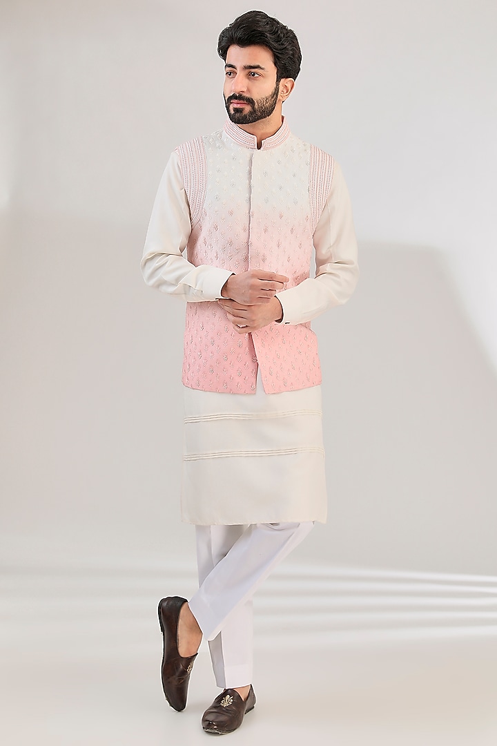 Peach Tussar Silk Resham Hand Embroidered Ombre Jacket Set by HANEET SINGH