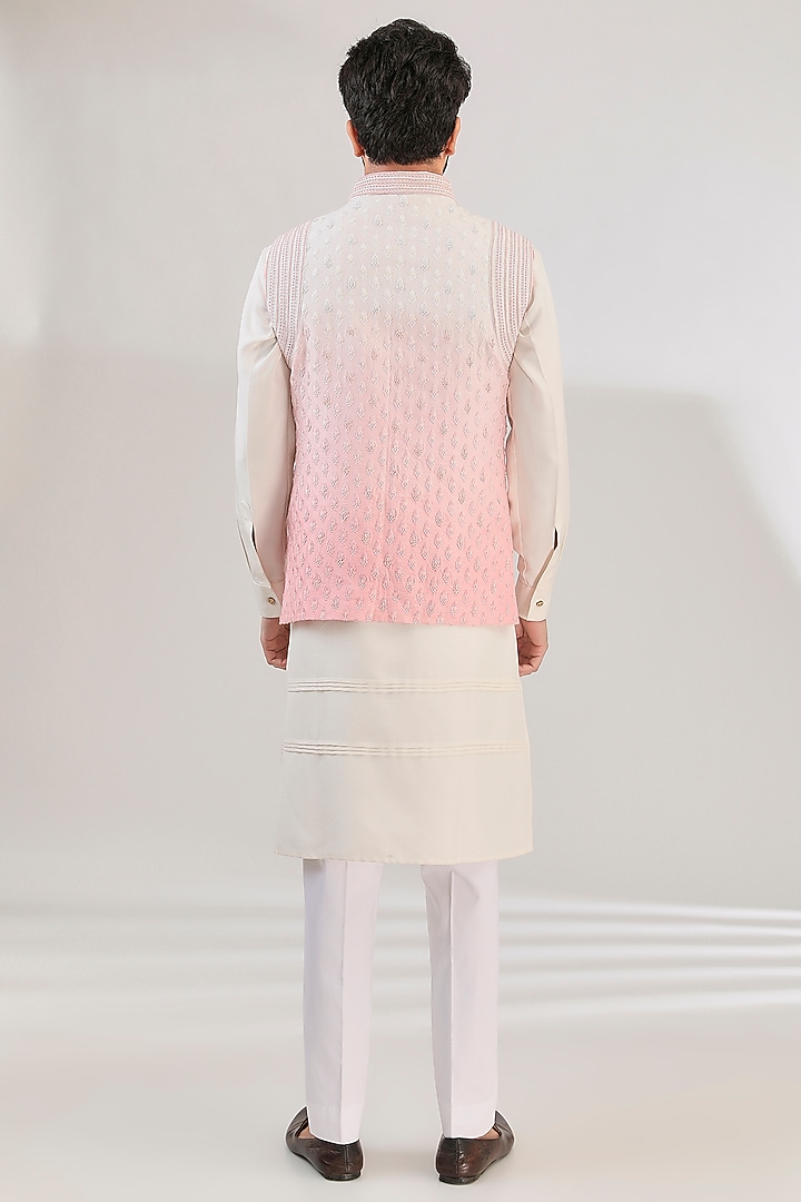 Peach Tussar Silk Resham Hand Embroidered Ombre Jacket Set by HANEET SINGH at Pernia's Pop Up Shop