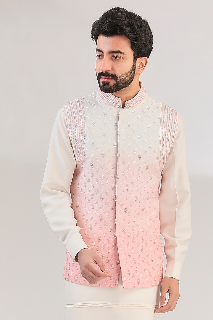 Peach Tussar Silk Resham Hand Embroidered Ombre Jacket Set by HANEET SINGH at Pernia's Pop Up Shop