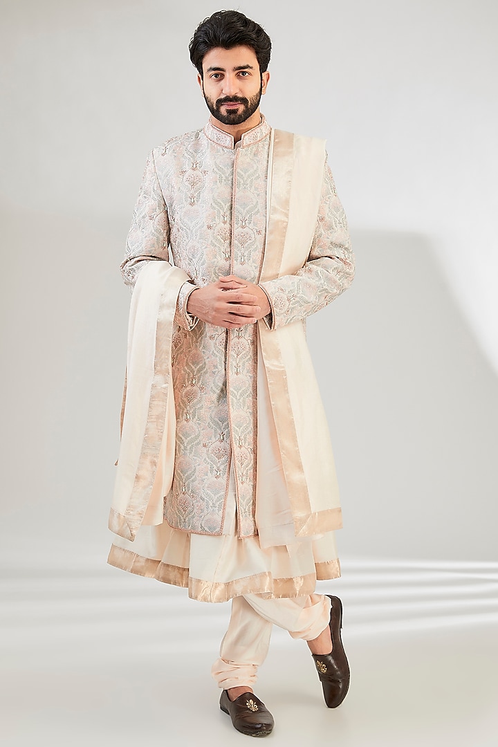 Ivory Pure Tissue Cutdana & Resham Hand Embroidered Sherwani Set by HANEET SINGH