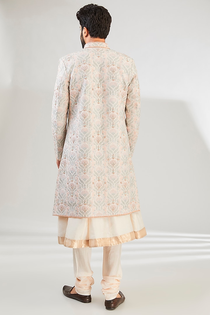 Ivory Pure Tissue Cutdana & Resham Hand Embroidered Groom Sherwani Set by HANEET SINGH at Pernia's Pop Up Shop