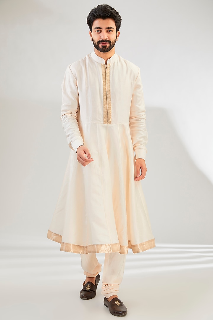 Ivory Pure Tissue Cutdana & Resham Hand Embroidered Groom Sherwani Set by HANEET SINGH at Pernia's Pop Up Shop