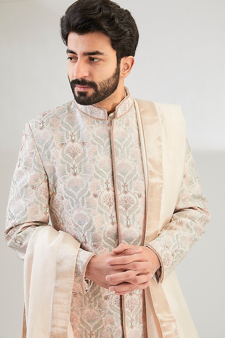 Ivory Pure Tissue Cutdana & Resham Hand Embroidered Groom Sherwani Set by HANEET SINGH at Pernia's Pop Up Shop