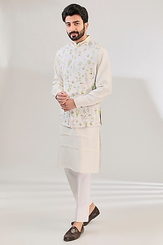 White Tussar Silk Cutdana Hand Embroidered Jacket Set by HANEET SINGH