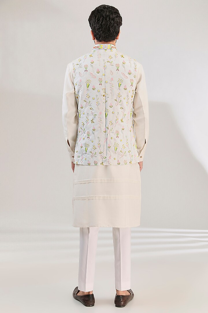 White Tussar Silk Cutdana Hand Embroidered Jacket Set by HANEET SINGH at Pernia's Pop Up Shop