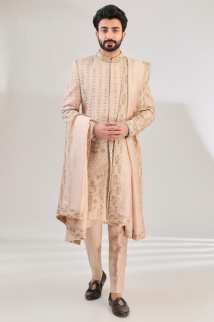 Beige Pure Silk Dupion Dori Hand Embroidered Sherwani Set by HANEET SINGH