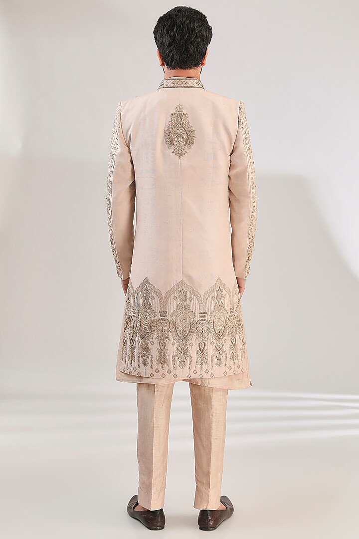 Beige Pure Silk Dupion Dori Hand Embroidered Groom Sherwani Set by HANEET SINGH at Pernia's Pop Up Shop
