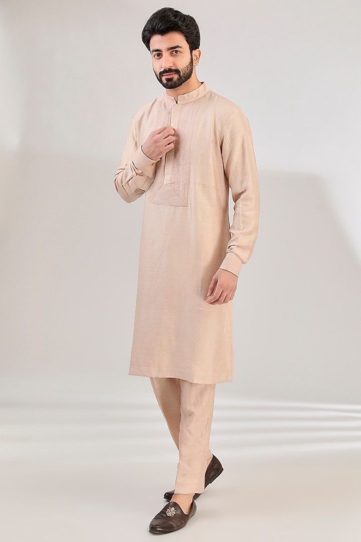 Beige Pure Silk Dupion Dori Hand Embroidered Groom Sherwani Set by HANEET SINGH at Pernia's Pop Up Shop