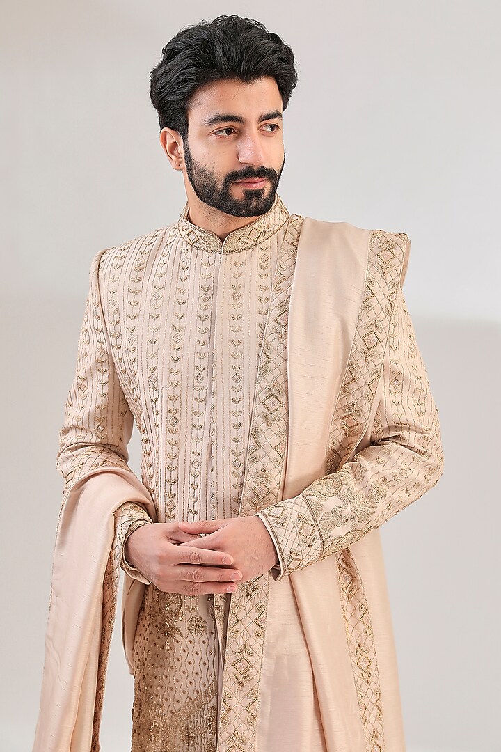Beige Pure Silk Dupion Dori Hand Embroidered Groom Sherwani Set by HANEET SINGH at Pernia's Pop Up Shop