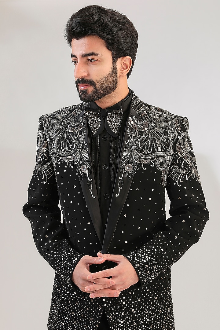 Black Premium Japanese Fabric Tuxedo Set by HANEET SINGH at Pernia's Pop Up Shop