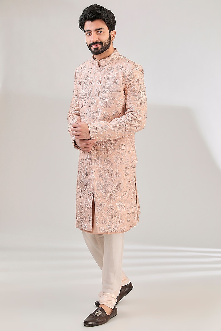 Rose Pink Tussar Silk Hand Embroidered Sherwani Set by HANEET SINGH