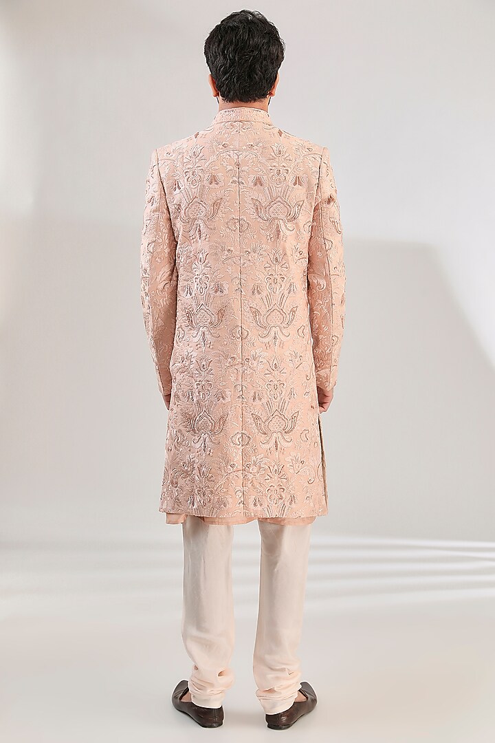 Rose Pink Tussar Silk Hand Embroidered Groom Sherwani Set by HANEET SINGH at Pernia's Pop Up Shop