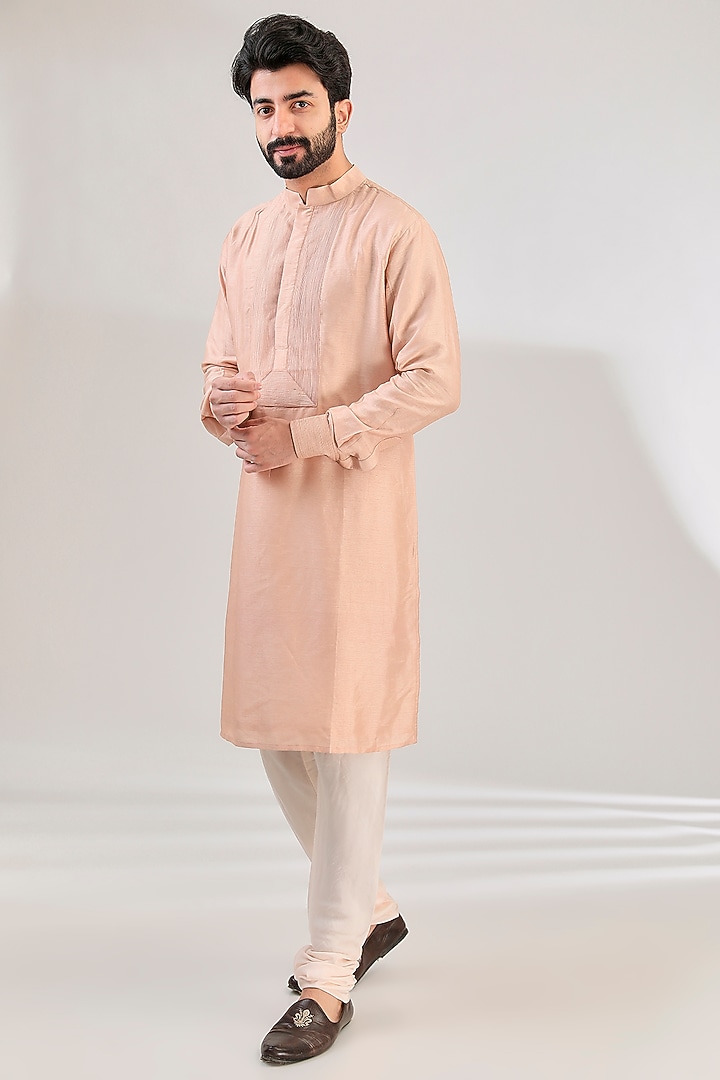 Rose Pink Tussar Silk Hand Embroidered Groom Sherwani Set by HANEET SINGH at Pernia's Pop Up Shop