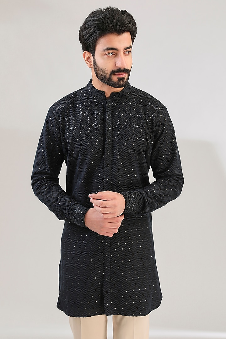 Black Tussar Silk Cutdana & Resham Hand Embroidered Kurta Set by HANEET SINGH at Pernia's Pop Up Shop