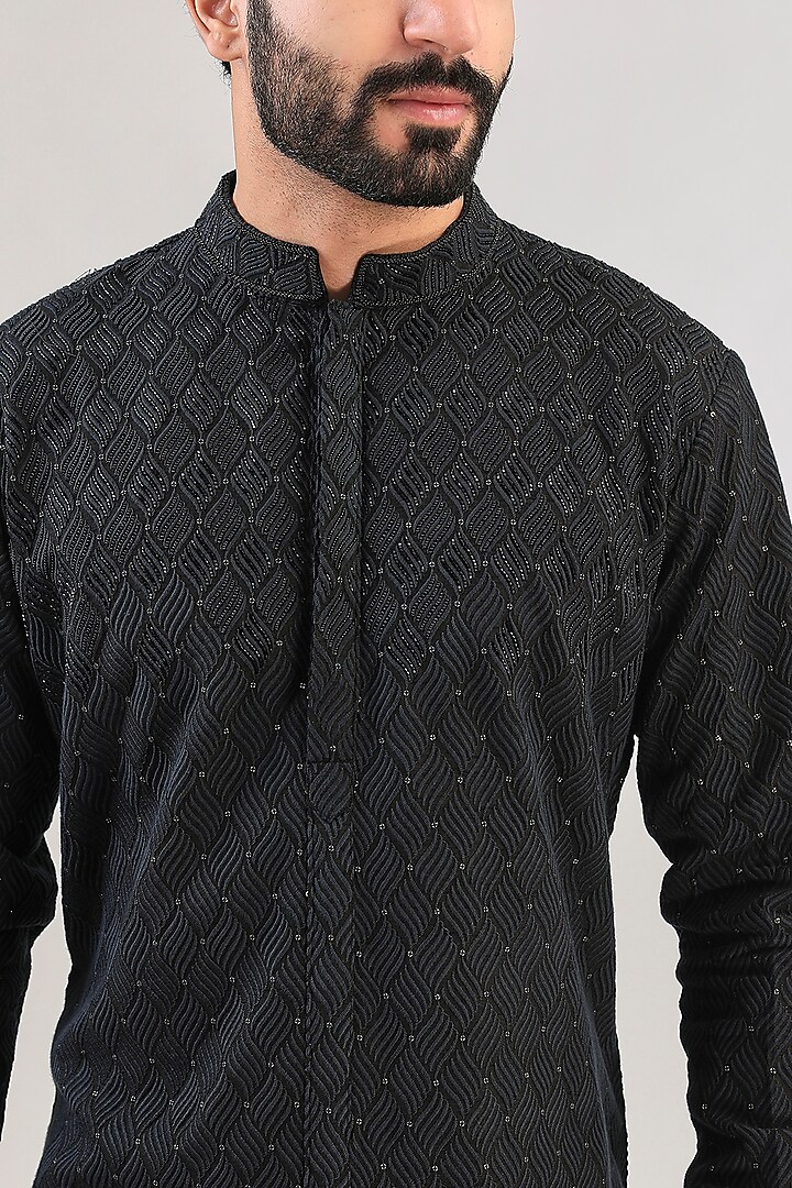 Black Tussar Silk Cutdana & Resham Hand Embroidered Kurta Set by HANEET SINGH at Pernia's Pop Up Shop