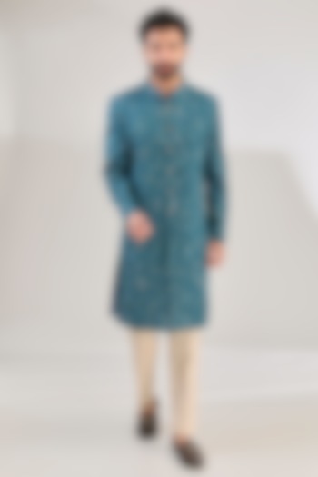 Teal Blue Tussar Silk Hand Embroidered Sherwani Set by HANEET SINGH