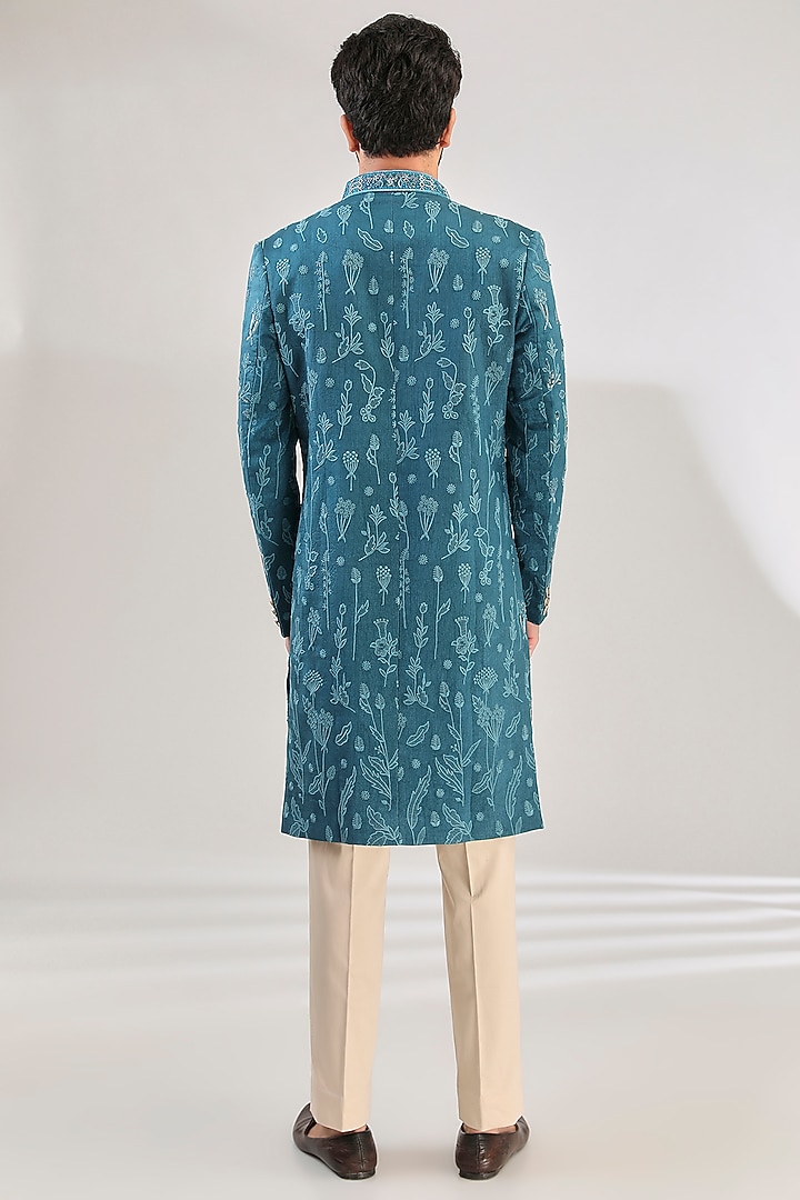 Teal Blue Tussar Silk Hand Embroidered Wedding Sherwani Set by HANEET SINGH at Pernia's Pop Up Shop