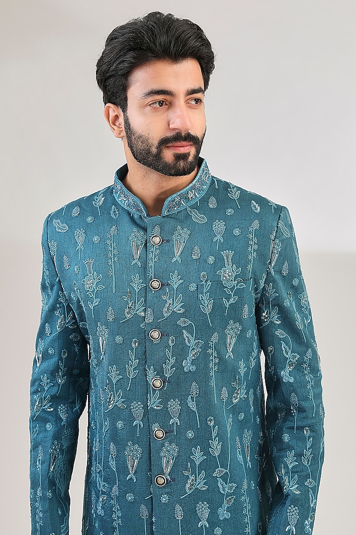Teal Blue Tussar Silk Hand Embroidered Wedding Sherwani Set by HANEET SINGH at Pernia's Pop Up Shop