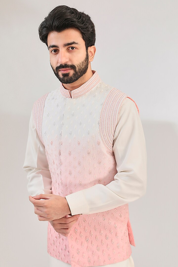 Peach Tussar Silk Resham Hand Embroidered Ombre Jacket by HANEET SINGH at Pernia's Pop Up Shop
