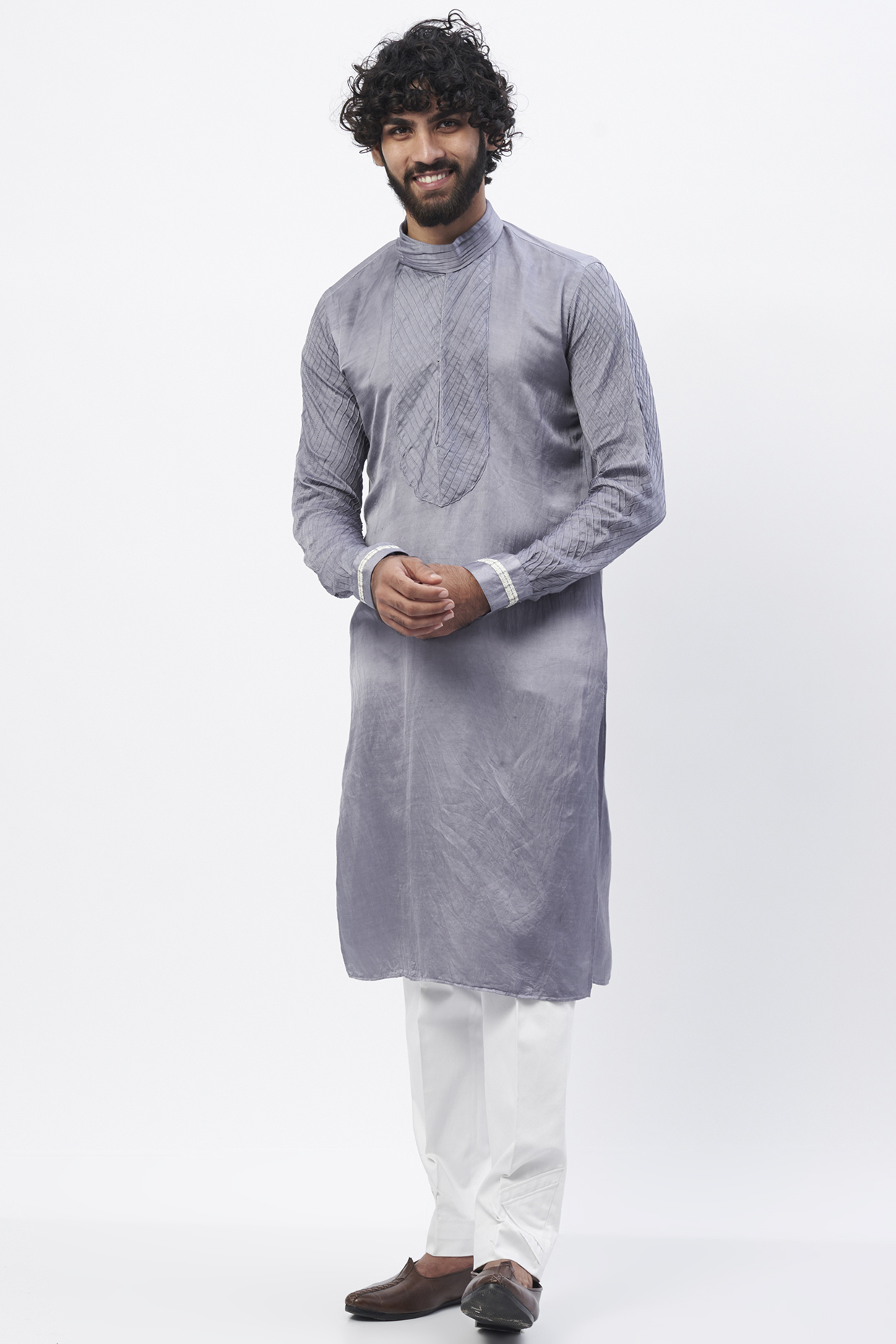 Grey Linen Satin Kurta Set by HANEET SINGH at Pernia's Pop Up Shop