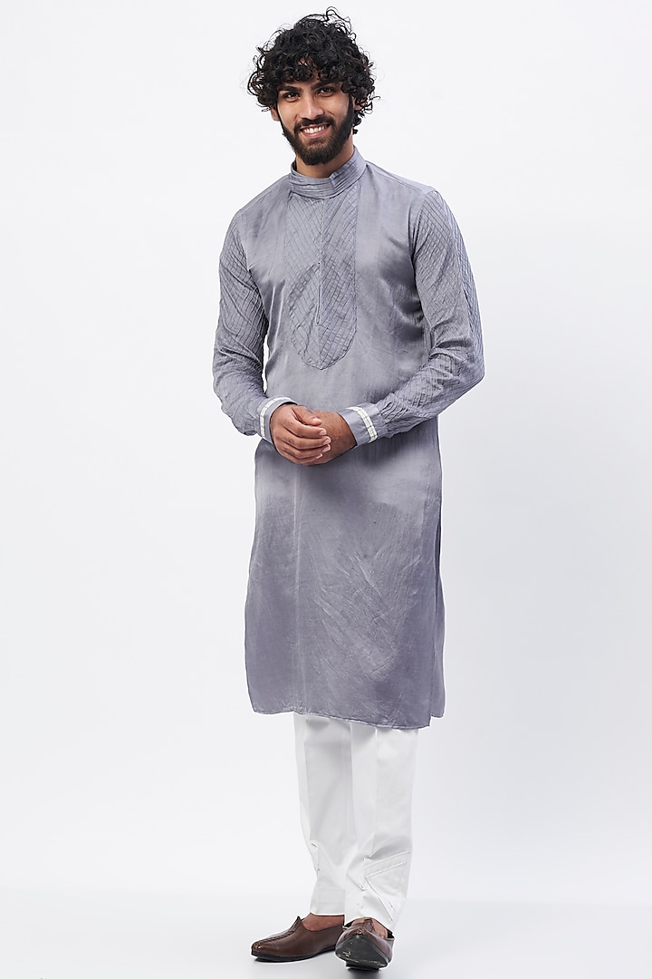 Grey Linen Satin Kurta Set by HANEET SINGH at Pernia's Pop Up Shop