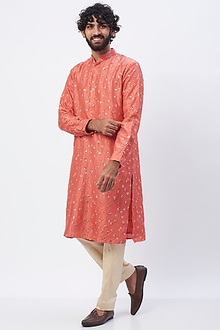 Coral Embroidered Kurta Set by HANEET SINGH
