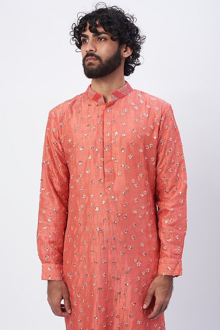 Coral Embroidered Kurta Set by HANEET SINGH at Pernia's Pop Up Shop