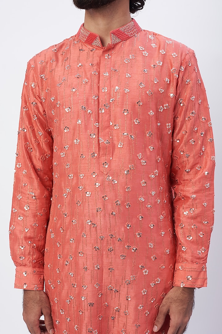 Coral Embroidered Kurta Set by HANEET SINGH at Pernia's Pop Up Shop