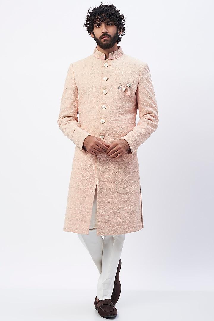 Powder Pink Embellished Wedding Sherwani Set by HANEET SINGH at Pernia's Pop Up Shop