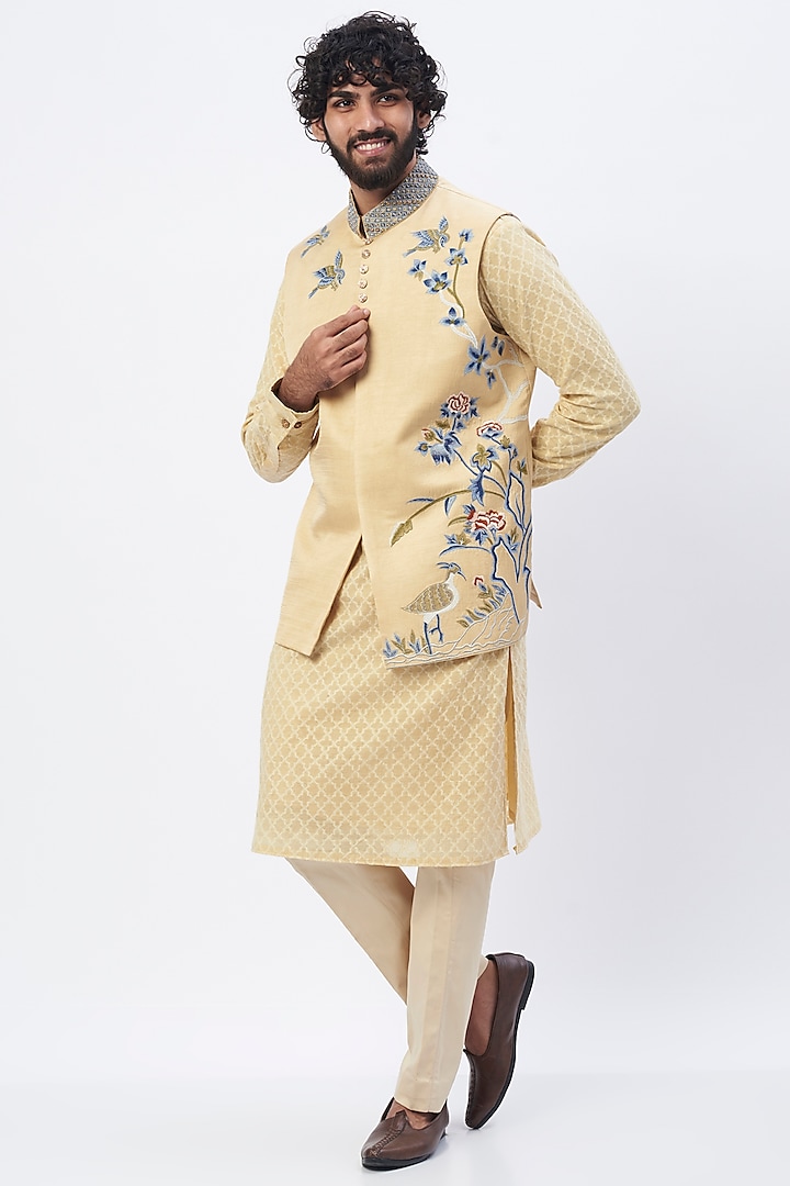 Beige Embroidered Nehru Jacket by HANEET SINGH