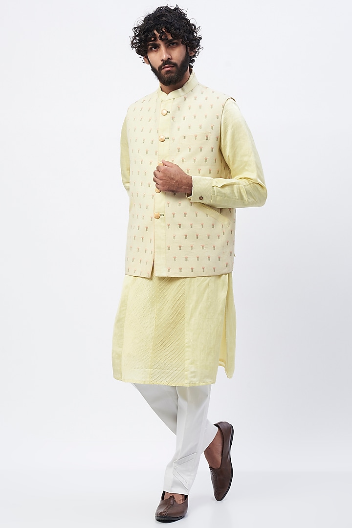 Yellow Embroidered Nehru Jacket by GRACE BY HANEET SINGH