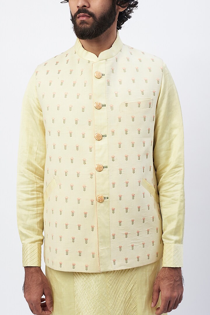 Yellow Embroidered Nehru Jacket by GRACE BY HANEET SINGH