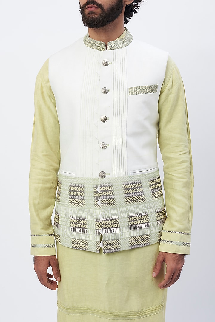 White Linen Satin Printed Nehru Jacket by HANEET SINGH at Pernia's Pop Up Shop